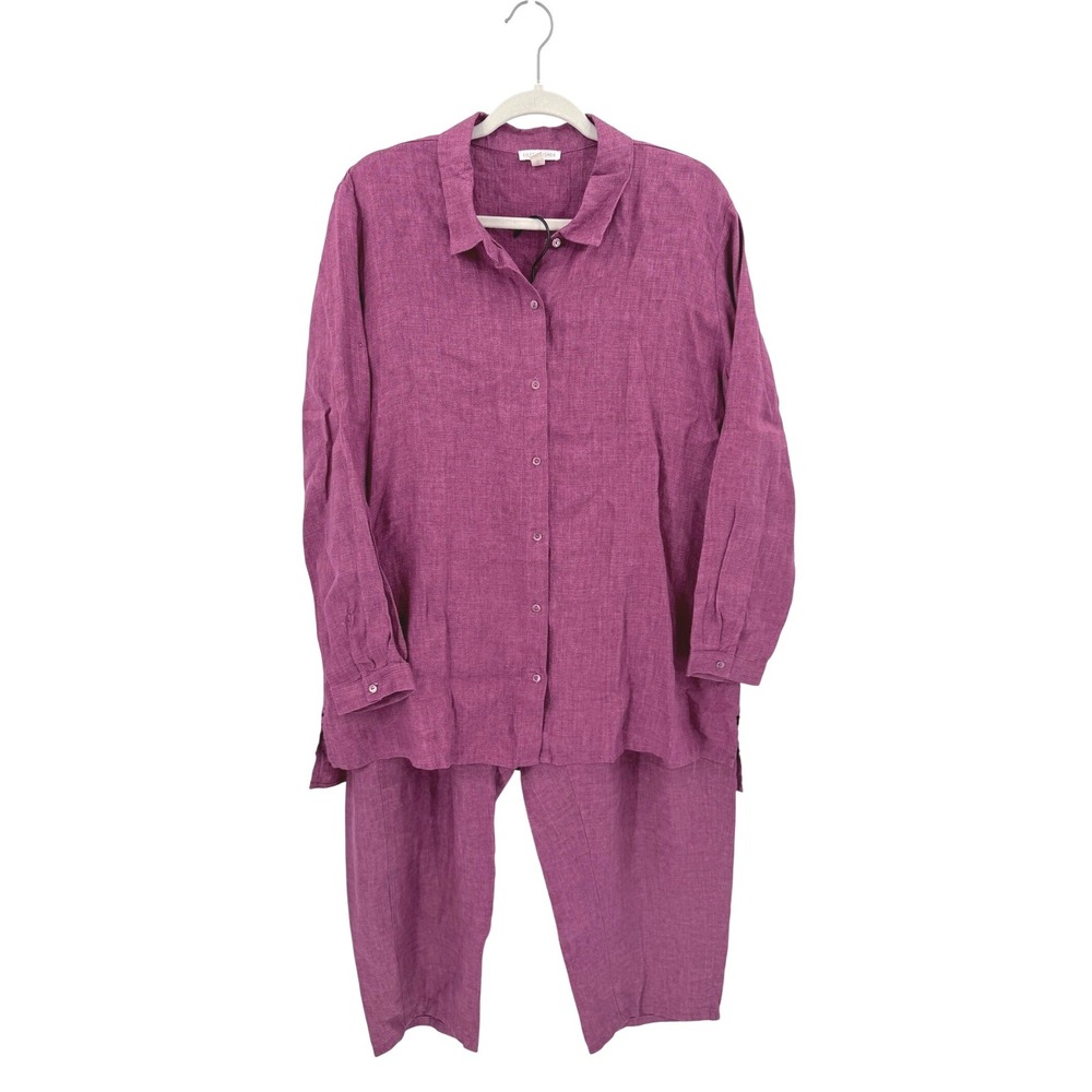 Eileen Fisher Delave Organic Linen 2 Piece Set Berry Purple Shirt Pants Large